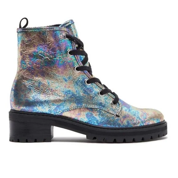 NWT SCHUTZ Stormy Holographic Leather Lace-Up Boot - Picture 3 of 8